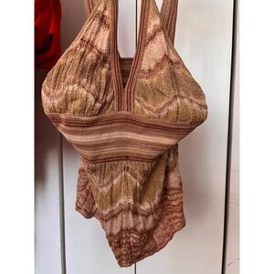 M Missoni Beige Patterned Lurex Knit V-Neck Top US 8